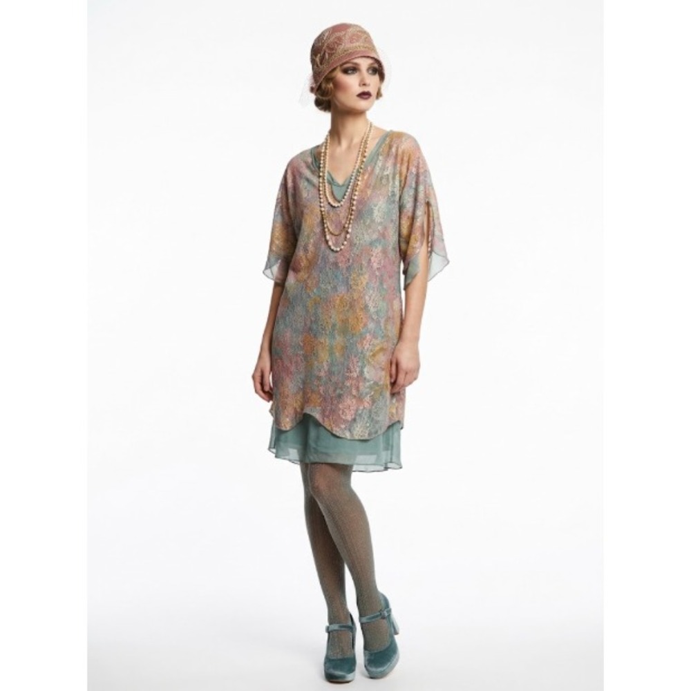 Vintage 1970s Neiman Marcus dress M multi Green silk multi layered abstract lace